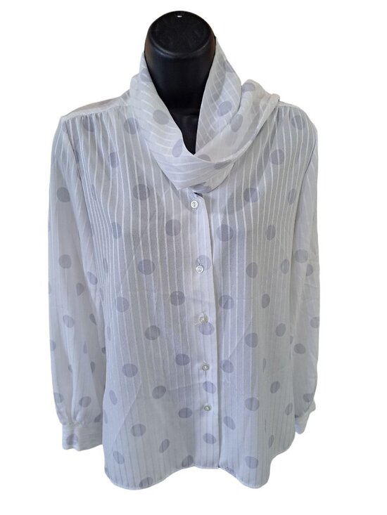 Vintage Tops - Sheer Pilka Dot White Button-Up Blouse Stripe Long Sleeves Scarf Collar Womens M